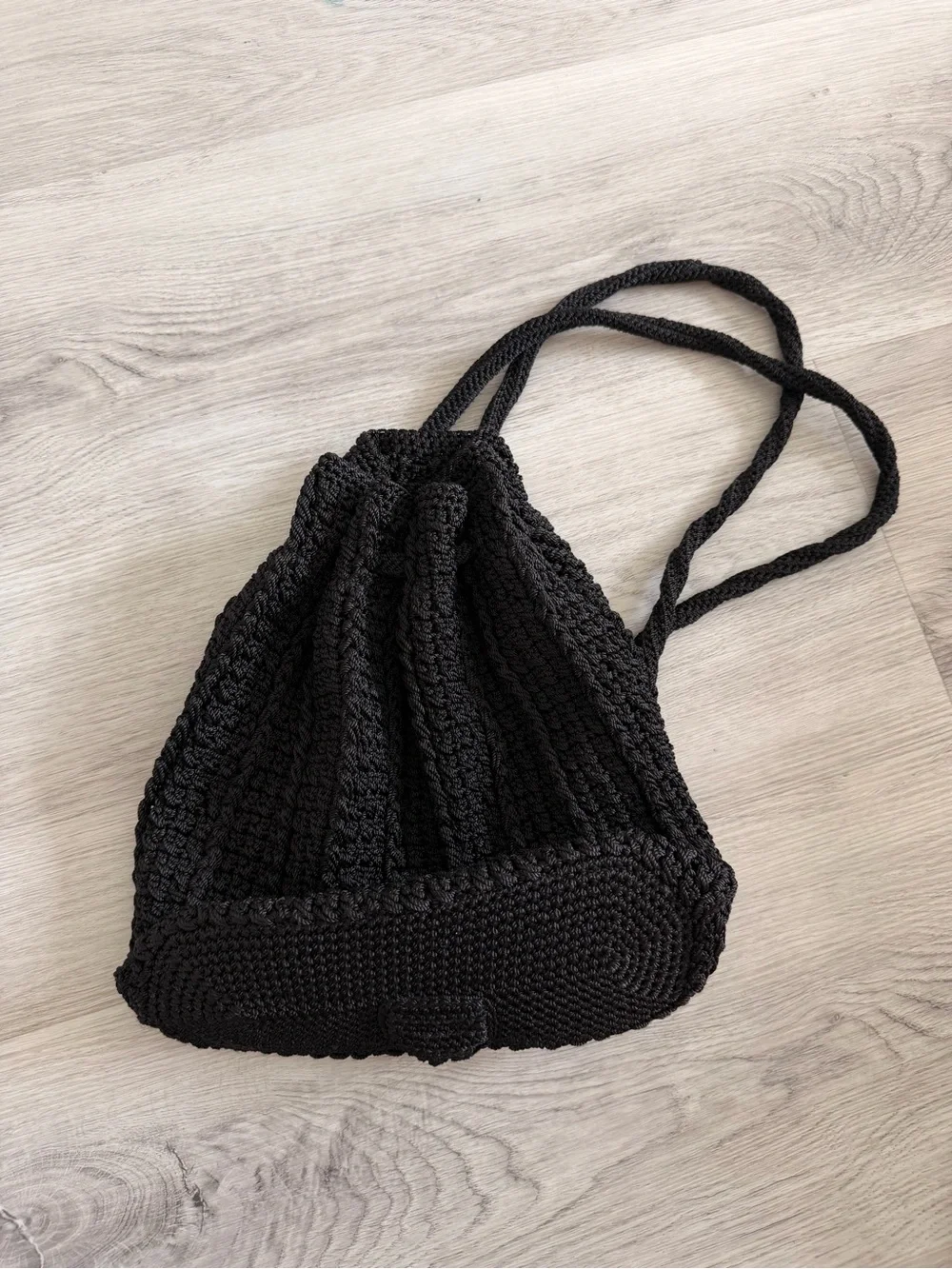 The Sak Black Crochet Drawstring Backpack Shoulder Bag